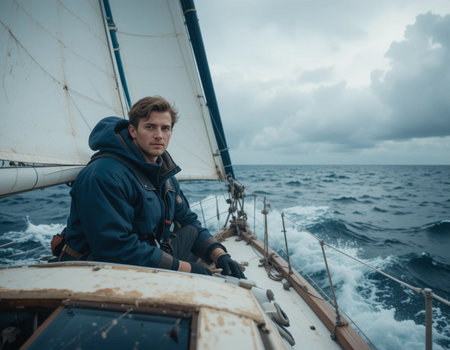 Handsome young man sailing on a yacht in stormy weatherの素材
