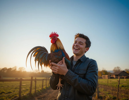 Young caucasian man with a rooster in his hands on a farmの素材