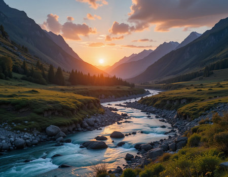 Sunset over the mountain river in the Altai mountains, Russiaの素材