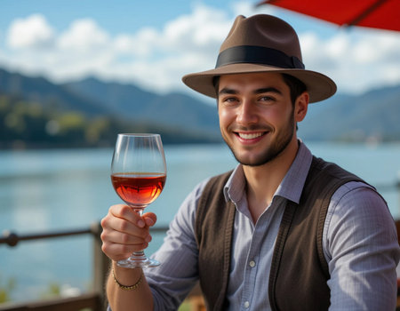 Handsome young man drinking a glass of wine in a restaurantの素材