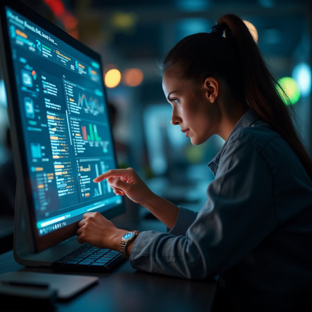 Side view of female programmer working on desktop computer while sitting at night officeの素材