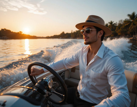 Young handsome man in hat and sunglasses driving a boat on the sea at sunsetの素材