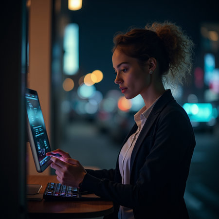 Young businesswoman working on computer in the city at night. Business and technology concept.の素材