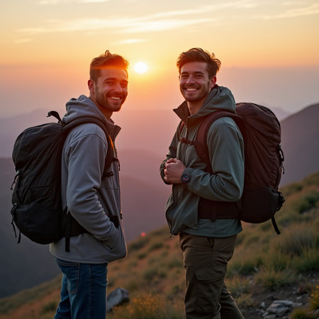 Two happy male hikers with backpacks standing on top of a mountain and looking at the sunsetの素材