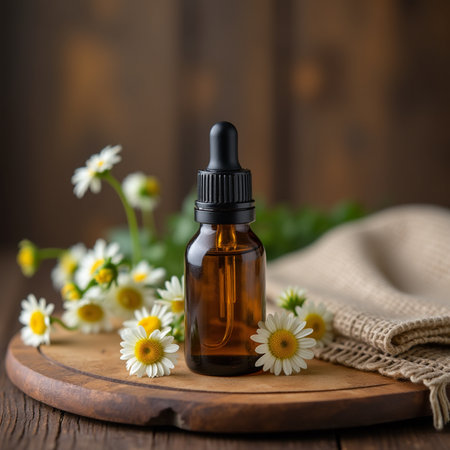 Chamomile essential oil in a glass bottle. Selective focus.の素材