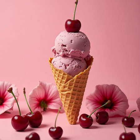 Delicious ice cream in waffle cone with cherry on pink backgroundの素材