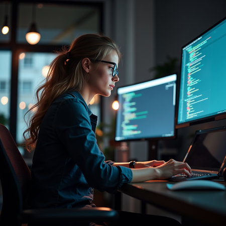 businesswoman in eyeglasses working on computer at night in officeの素材