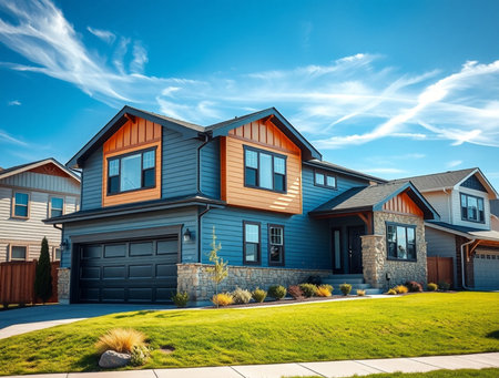 Beautiful modern house exterior with blue siding. Northwest, USAの素材