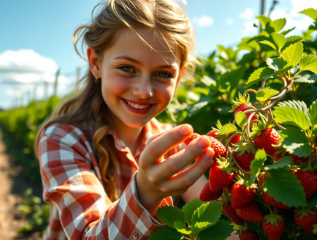 Portrait of a beautiful young girl picking strawberries in the garden.の素材