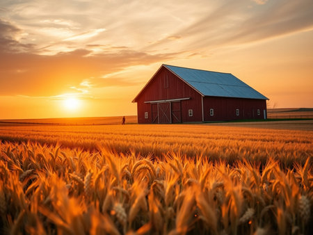 Sunset over a red barn on a wheat field in summer.の素材