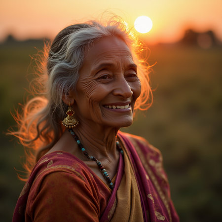 Portrait of a happy senior Indian woman in traditional clothes at sunsetの素材