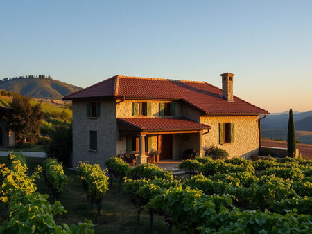 House in the vineyard at sunset, Tuscany, Italyの素材