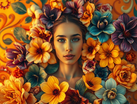 Portrait of a beautiful young woman with makeup in a flower bath.の素材