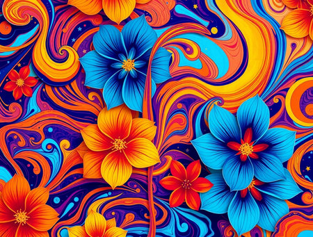Abstract floral background with blue and orange hibiscus flowers.の素材