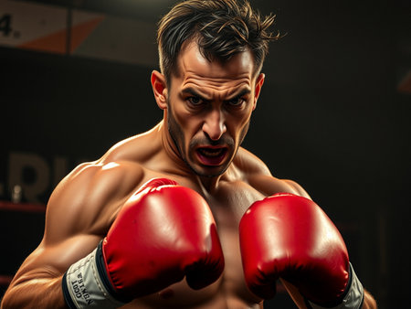 Portrait of a boxer with red boxing gloves on a dark backgroundの素材