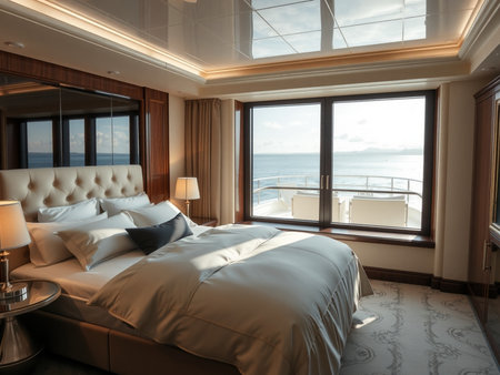 Luxury hotel bedroom interior with sea view. 3d renderの素材