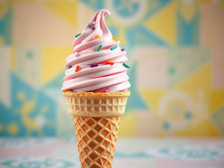 Ice cream in waffle cone on colorful background. Selective focus.の素材