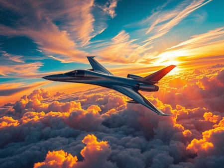 Fighter jet plane flying above clouds at sunset. 3d renderの素材