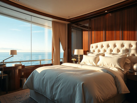 3d rendering luxury bedroom suite in hotel resort with sea view backgroundの素材