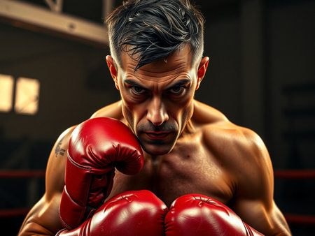 Boxer with red boxing gloves in the ring. 3d rendering.の素材