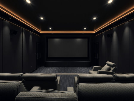 Luxury interior of a dark room with black walls, a concrete floor, a sofa and a TV screen. 3d rendering mock upの素材