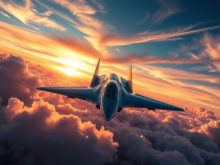 Fighter jet in the clouds at sunset. 3d illustration.の素材