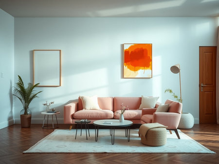 Interior of modern living room with white walls, wooden floor, comfortable pink sofa, coffee table and three posters. 3d renderの素材