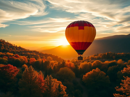 Hot air balloon flying over the mountains at sunset. Colorful autumn landscape.の素材