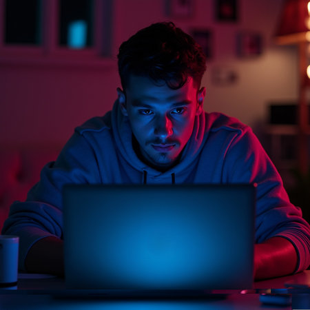 Portrait of young man using laptop while sitting in dark room at nightの素材