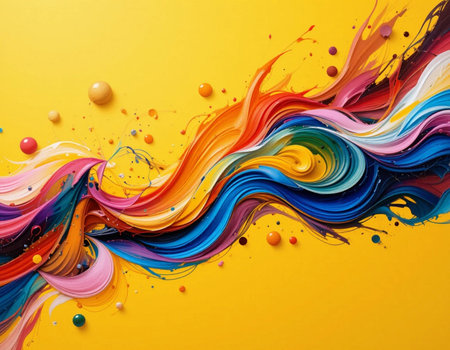 Colorful paint splashes on yellow background. Abstract creative background.の素材