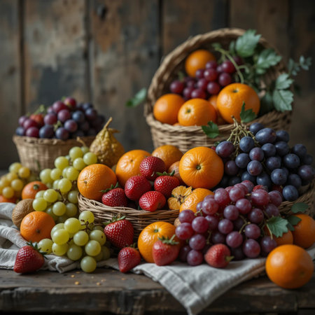 Variety of fresh fruits in basket over wooden background, selective focusの素材