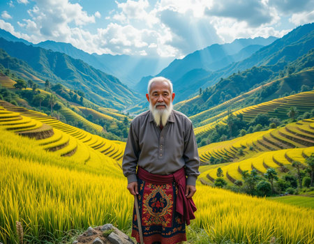 Vietnamese farmer on the rice field terraces at Sapa, Vietnamの素材
