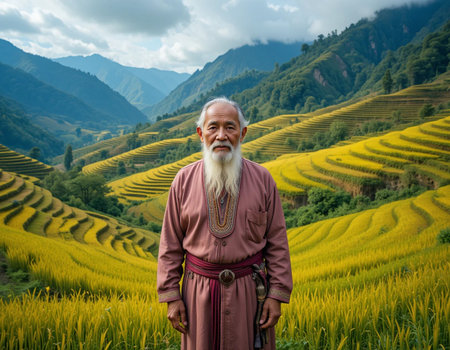 Vietnamese man senior standing on terraced rice fields in Sapa, Vietnamの素材