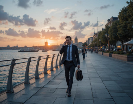 Handsome businessman walking along the embankment in the eveningの素材