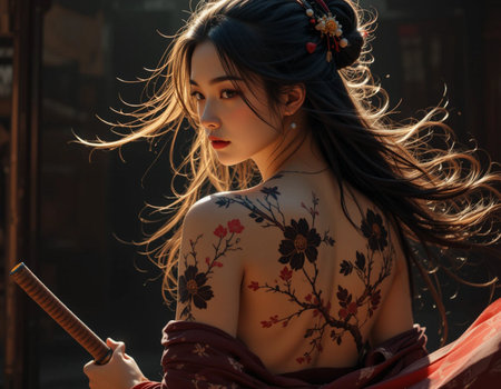 Portrait of a beautiful Asian girl in traditional dress with katanaの素材