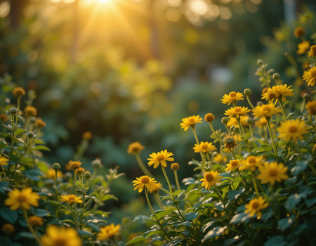 Sunset in the garden with yellow daisy flowers, nature backgroundの素材