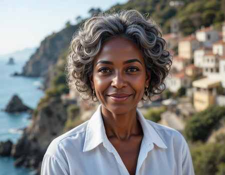 Portrait of a smiling African American woman standing in front of the seaの素材