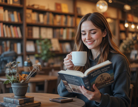 Beautiful young woman drinking coffee and reading a book in a cafeの素材