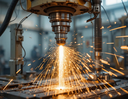 CNC Laser cutting of metal with sparks. Industrial automotive technology concept.の素材