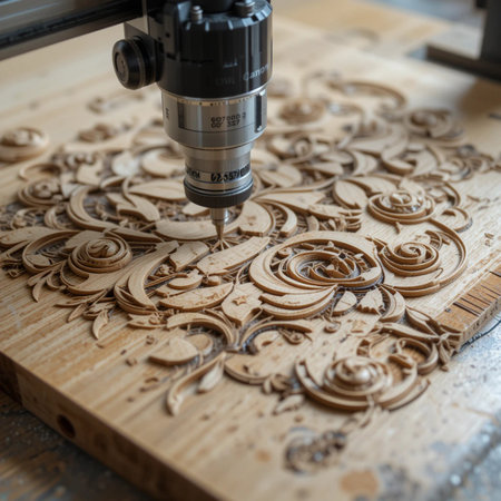 Carpenter working on a wood carving machine in his workshop.の素材