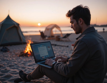 Young man using laptop while sitting on the beach at sunset. Male freelancer working on laptop.の素材