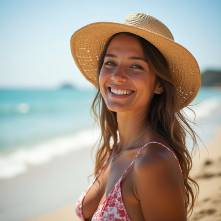 Portrait of beautiful young woman wearing hat and bikini on the beachの素材
