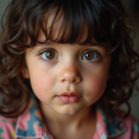 Portrait of a cute little girl with brown eyes and curly hairの素材