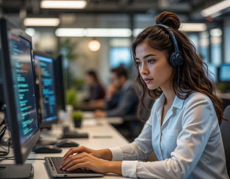 selective focus of call center operator in headset using computer in officeの素材