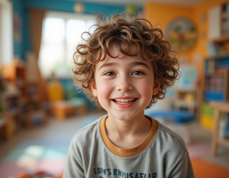 Portrait of a smiling little boy with curly hair in his roomの素材