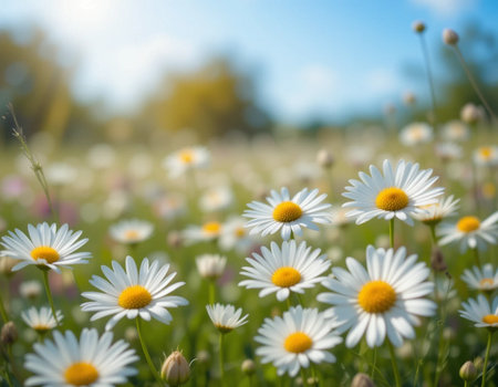 Field of daisies in the meadow on a sunny dayの素材