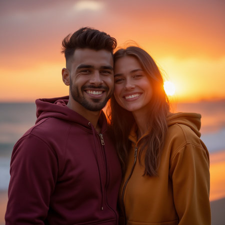 Portrait of a happy young couple standing on the beach at sunsetの素材