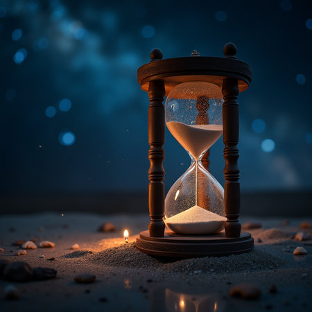 Time concept. Old hourglass on sand background. 3d renderingの素材