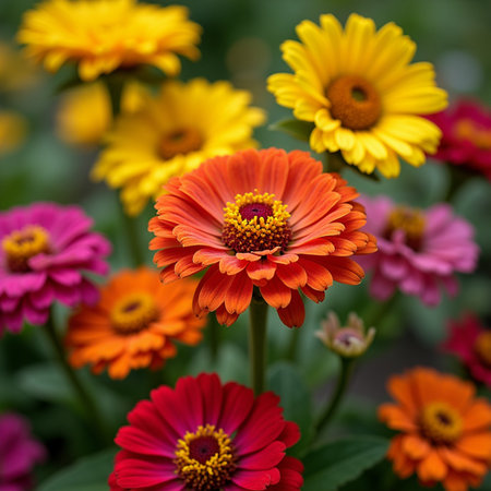 Colorful zinnia flowers in the garden, selective focus.の素材