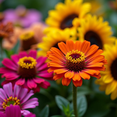 Colorful zinnia flowers in the garden, selective focus.の素材